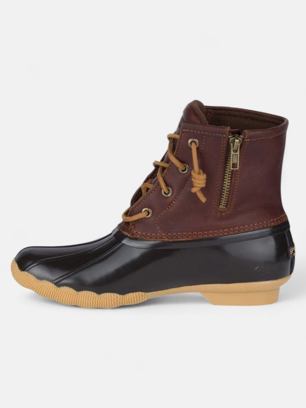 Sperry Brown Leather and Black Rubber Lace-Up Duck Boot with‎ Side Zipper